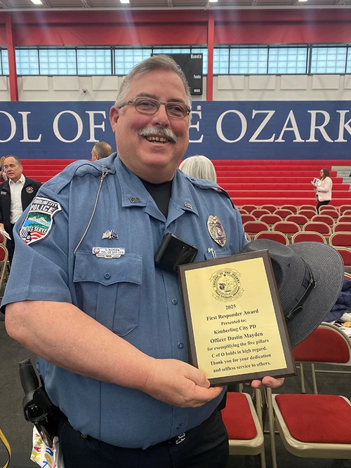 The College presents the 2025 First Responder Award to Kimberling City Police Department Officer Dustin Mayden, recognizing his exceptional service and commitment to duty.